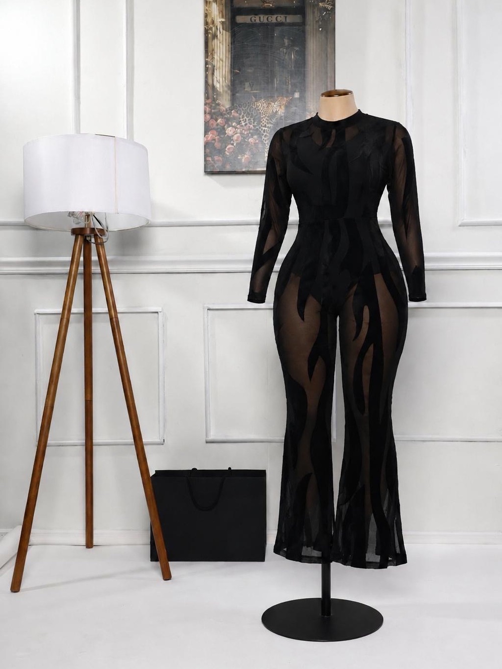 Gucci Black Sheer Patterned Long-Sleeve Jumpsuit Romper